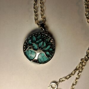Vintage Silvertone Tree of Life & Turquoise Pendant Necklace
